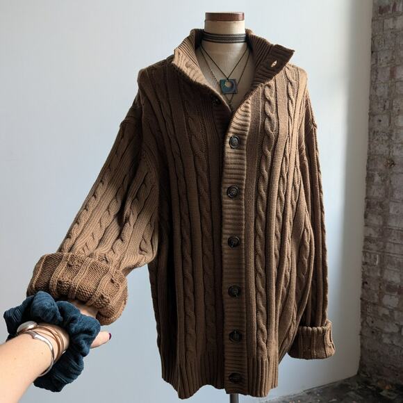 Vintage Brown Cable Knit Cardigan Chunky Grandpa Cosby Sweater Minimalist XL - Picture 8 of 10